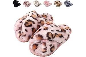 Fadezar Girls Fluffy Slippers Warm Plush Memory Foam Slippers for Kids Cute Leopard Print House Slippers Open Toe Slip on Slider Slippers