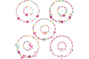RosewineC Holz Kinder Schmuck Set - Mädchen Halskette und Armband Set mit Regenbogen und Einhorn Perlen für Kinder, Prinzessin Dress Up Set