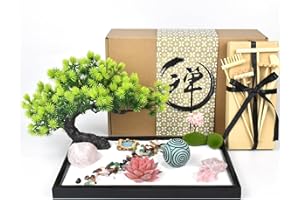 Artcome Jardín de arena zen japonés para escritorio, accesorios de oficina, bandeja rectangular de terapia de meditación hecha a mano, herramienta de relajación consciente