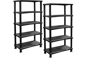 ALEEZ - 5 Tier Plastic Shelving Unit - Heavy Duty Storage Shelves - Storage Rack For Home, Garage, Shed, Warehouse - 25kg/55lbs Per Shelf - No Tools Required - Push Fit Assembly, Black (2, 5 Tier)
