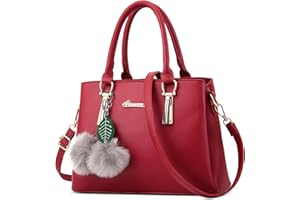 DEEVORCA Elegant Women Top Handle Bag Fashion Shoulder Bag with Cute Pompom Multi-layer Pockets Handbags for Travel Shopping Casual Work Daily PU Leather Ladies Tote Satchel Bag Red