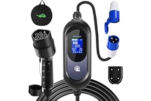 EVJUICION EV Charger 7KW Type 2 6M, 8/10/13/16/32A, 12 Hours Delay Timer, IP67 Waterproof, 7.4kW Electric Car Charger with Large Digital Display, 32Amp Commando Socket, Wall Mount Holder and Carry Bag
