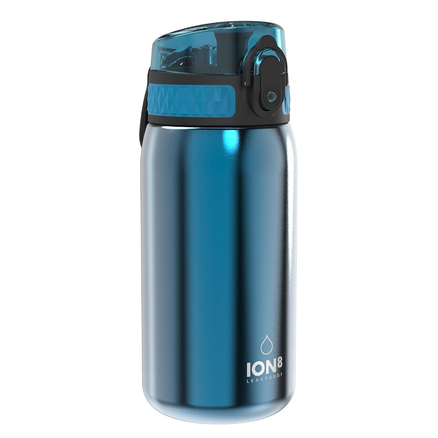 ION8 Lichtgewicht Stalen Kinderwaterfles, 400 ml/13 oz, Zonder Isolatie, Lekvrij, Makkelijk te Openen, Veilige Vergrendeling, Vaatwasserbestendig, Flipdop, Draaggreep, Duurzaam, Blauw