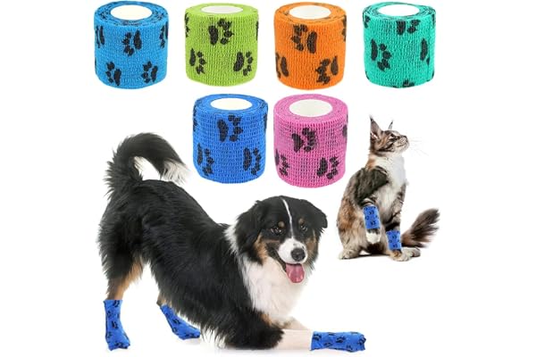 Qpets 6Pcs Dog Bandages for Walk, Self-Adhesive Pet Bandage with Cute Paw Print Design, Waterproof Non-Woven Cat Dog Injury Recovery Wrap Lick-Proof & Breathable (7.5x5.4cm, Total Length 4.5M)