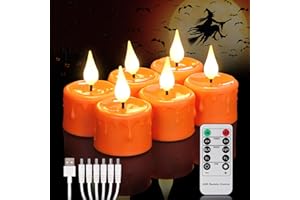 ‎FREEPOWER FREEPOWER 6er Orange LED Teelichter Aufladbar mit Fernbedienung Timer Flackern, Warmweißes Licht, Elektrische Wiederaufladbare Kerzen mit USB Kabel, Halloween Familie Deko, Ø4 x 5.5cm