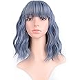 VCKOVCKO Wavy Wig Short Bob Wigs With Air Bangs Shoulder Length Women's Short Wig Curly Wavy Synthetic Cosplay Wig Pastel Bob Wig for Girl Colorful Costume Wigs(12", Mix Blue)