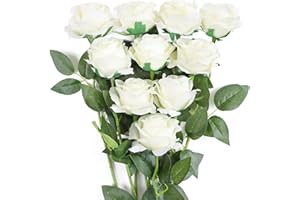 JUSTOYOU Rose Artificielle Fleurs De Soie Bouquet Home Office Arrangements De Mariage Blanc (10 PCS)