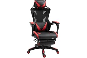 Vinsetto Silla Gaming Ergonómica Silla de Escritorio para Oficina con Altura Ajustable Respaldo Regulable de 170° Almohada Lumbar y Reposapiés Retráctil 65x70x117-125 cm Rojo