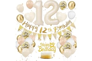 VUCDXOP 12. Geburtstag Deko Beige, Luftballon Deko 12. Geburtstag Junge Mädchen, Geburtstagsdeko 12 Jahr, Grün Weiß Gold Luftballons 12 Geburtstags mit Banner Tortendeko für Geburtstags Party Dekoration