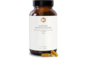 ‎SUNDAY NATURAL SUNDAY NATURAL® Kurkuma Kapseln hochdosiert – 10.669 mg Kurkuma pro Kapseln - 180 Curcuma Kapseln hochdosiert - 150 mg Curcumin – 95 % Curcuma Extrakt + Bio-Piperin – Laborgeprüft, vegan