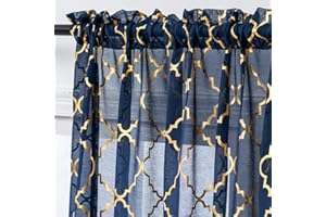 YJ YANJUN Navy and Gold Curtains 90 Drop Geometirc Tile Foil Printed Net Curtains for Living Room Patio door 90 inch Drop Curtains for Boys Bedroom 52 x 90 Inch（132cm Width x 229cm Drop）Navy Blue 1 Pair