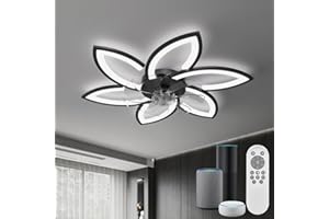 YUNLONG Inteligente Lampara de Techo con Ventilador y Mando a Distancia y Control por Alexa, No Requiere WiFi, Ventilador de Techo con Luz Silencioso, Diseño Floral Moderno, para Dormitorio, Salón, Negro