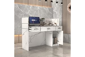 PREMTURE Empfangstheke mit 3 Schubladen und 1 Schrank, Rezeptionstheke, Empfangstisch mit Marmormuster, Empfangstheken, Rezeptionstheke, Büromöbel, 120 x 110 x 48 cm, MDF