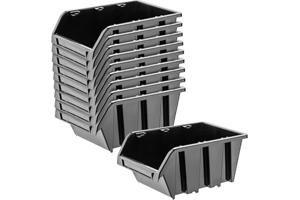 KADAX Boîtes de Rangement Murales, Boîtes Empilables en Plastique pour Organiser Vos Outils, Bacs à Bec pour Garage (Lot de 10 : Noir, 115 x 80 mm)