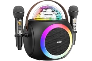 DLARA Macchina Karaoke per adulti e bambini, altoparlante portatile Bluetooth con 2 microfoni wireless UHF sistema PA con palla da discoteca, luci a LED, per all'aperto/interno