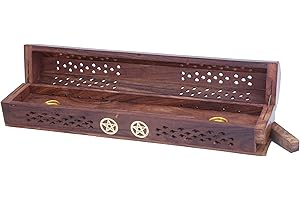 STORE INDYA Beautiful Handmade Wooden Incense Stick Holder Burner Storage Coffin Box - Ash Catcher With Brass Inlay -Home Utilities & Accessories -Meditation -Great Gift for Any Occasion 12x2 inch