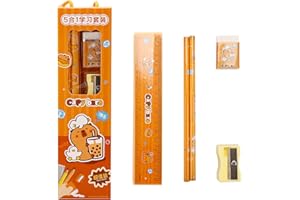 Nurila Bleistifte Set, 2 Stück Bleistift mit radiergummi, inklusive Radiergummi, 15cm graduiertes Lineal und Spitzer, Pencil für Schule, Schreiben, Schülergebrauch, Capybara-Milchtee-Thema Bleistift