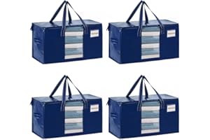 VENO 76 L Sacs de Déménagement Grand, Sac Rangement Vetements avec Couvercles et Poignées Renforcées pour le Vêtement, Couettes, Alternatives aux Cartons de Déménagement (Bleu avec Fenêtre, Lot de 4)
