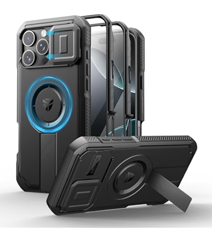 Doeshine Cover per iPhone 16 Pro Max, con 2 Pellicola Vetro Temperato e 360° Ring Supporto, Copertura Fotocamera Scorrevole, Armour Militare Grado Shockproof Custodia per iPhone 16 Pro Max (Blu