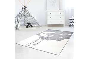 carpet city Tapis pour Enfant - Motif Nuage et Lune - Gris Brillant - 140 x 200 cm - pour Chambre d'enfant