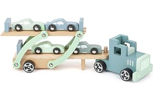 Small Foot Chicago Träbiltransportör Med Rörlig Lastramp, Avtagbar Släpvagn Och 4 Bilar, 11510