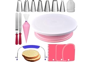 RFAQK 35PCs Cake Turntable and Rotating Cake Stand with Non Slip pad-7 Icing Tips and 20 Bags- Straight & Offset Spatula-3 Scraper Set -EBook-Cake Decorating Supplies Kit -Baking Tools