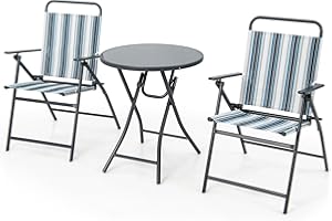 TANGZON Outdoor Bistro Set, 3 Pieces Folding Dining Table and Chairs Set with Tempered Glass Tabletop, Portable Metal Frame Garden Furniture Set for Patio Porch Balcony
