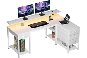 Seventable Bureau d’Angle en L 120 cm avec LED, Ports USB et Prise, tiroirs modulables et Support écran – Bureau Informatique Moderne avec rangements, Blanc