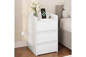 YITAHOME Bedside Table with 3 Drawers and Power Station, Modern Nightstand End Table, Water-Resistant Storage Side Table for Living Room and Bedroom, 35 x 40 x 59cm (White)