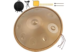 HAND-PAN Instrumento handpan 440 Hz Re menor 22 pulgadas hand pan steel drum hand drum 9 notas 10 notas 12 notas Tambor de lengüeta de acero premium para meditación y relajación (oro, 9Y)
