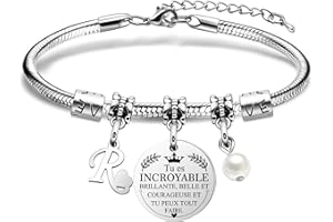 HEYEJET Bracelet Femme Lettre Initiale Personnalisé en Argent A-Z Lettre Bracelet avec Mots d'Inspiration Cadeau pour Femmes et Filles Cadeau Special pour vous Meme, pour vos Amis