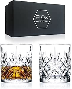 Flow Classic Whiskey Glasses Set of 2, Crystal Whisky Glass Gift Set Perfect Whiskey Tumblers for Scotch, Bourbon Gin &amp; Tonic &amp; Cocktails