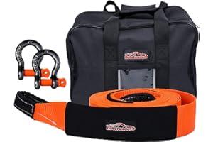 Autofonder 7.5CMx9M Tow Rope with 3/4 Bow Shackle and Storage Bag 12T Heavy Duty Recovery Strap with Reinforced Loops Protective Water Resistant Sleeves High Strength 4x4 offroad Recovery Winch Strap