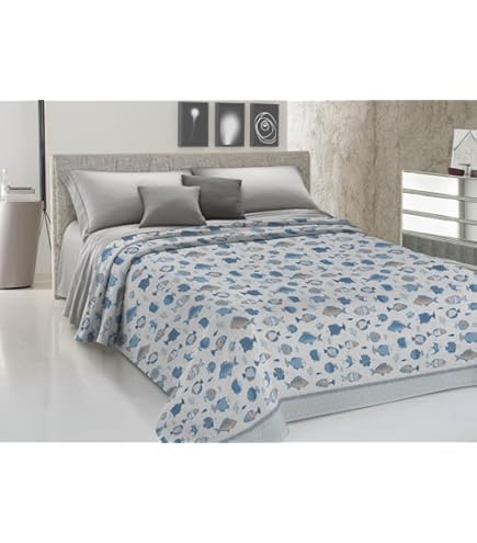 Copriletto Estivo Cotone Pesci Mare Blu | Stampato Made In Italy - Misura Matrimoniale 260x280cm
