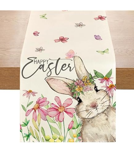 Chemin De Table Pâques Lapin Œufs Fleurs Carotte 13x72 Pouces - Décoration Jute Burlap Intérieur Extérieur