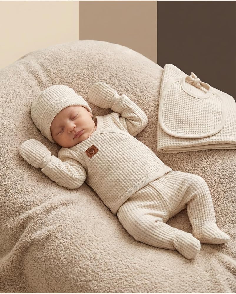 Minory Baby -%100 Pamuk 7'li Hastane Çıkışı Seti | Yenidoğan 7'li Set | Waffle Kumaş