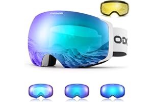 Odoland Lunettes de ski, unisexes, pour homme et femme, garçon, sans cadre, avec verre magnétique interchangeable, protection UV, anti-brouillard, compatible avec le casque