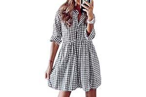 FANCYINN Vestido Camisero de Cuadros Vichy para Mujer Manga Larga Botones Blusas túnica Informal Minivestido a Cuadros