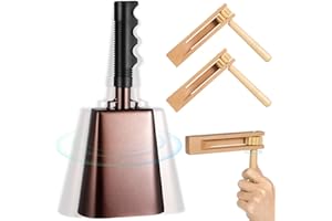 LNRUEG 3 PCS Noise Maker Kit, 10" Metal Cowbell and Wooden Spinning Rattle Ratchet, Cowbell with Handle, Traditional Matraca Toy, Cheering Percussion Musical Instrument for Sports Events, Weddings, Parties