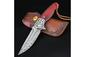 KOMWERO Damast Taschenmesser Klappmesser mit Damaststahl Klinge, Holzgriff, Flipper, Messerscheide Leder - Scharf Einhandmesser EDC Messer für Outdoor Survival Camping Jagd