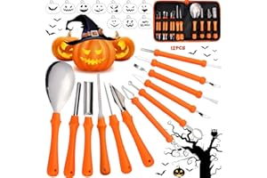 MTINRNI Kit intaglio Zucca Halloween,12 Set Intaglio Zucca-Strumento per Pumpkin Carving in Acciaio Inossidabile,con 10 Modelli di Incisione,Borsa con Cerniera, Decorazione di Halloween.