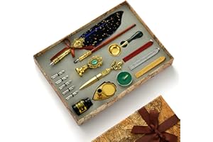 Joyeee Feather Calligraphy Pen Set, Glittering Quill Pen Ink Set, Antique Dip Feather Pen Set and Sealing Wax Kit, Gift Box for Writing, Drawing & Home Desk Retro Decoration Set #86