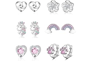 SFONI Huggie Hoop Earrings for Girls, S925 Sterling Silver Stud Set Cute Butterfly Love Heart Clover Flower Tiny Cubic Zirconia Studs Hypoallergenic Small Cartilage Sleeper Earrings for Teen Toddler Child