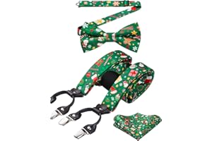 HISDERN Mens Christmas Braces for Trousers with Strong Clips Heavy Duty Suspenders with Bow Tie and Pocket Square Set Adjustable Y-Back Xmas Suspender