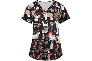 FTRGHNY Christmas Scrubs Tops Nurse Womens Nursing Uniforms Beauty Tunics Christmas Tree Santa Snowman Cute Printed V Neck Salons Wrap Mock Christmas Work Tops Health Care Uniform