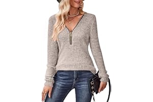 Gemulate Womens Long Sleeve Tops Ladies Lightweight Knit Jumpers V Neck Zipper Sweaters Casual Striped Sweatshirts Tshirt