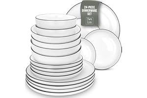 PURE LIVING INTERIOR DESIGN 24 Piece Dinner Sets for 6 People - Beautiful Scandinavian Style Stoneware Dinner Set for 6 - Dishwasher & Microwave Safe Plates and Bowls Set for 6 - Dinnerware Sets by Pure Living in White