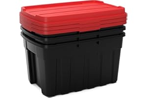 Keter Tuff Box 3x 140L Storage Boxes with Lid, Durable, Water Resistant, Large Capacity, Stackable, Black/Red