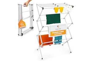 TIMELEOS Etendoir Linge Interieur Pliable - Sechoir a Linge Extensible, Robuste & Peu encombrant, 6 Niveaux avec 11 Barres, Tour à Linge Pliable et Extensible, seche Linge Durable, Blanc