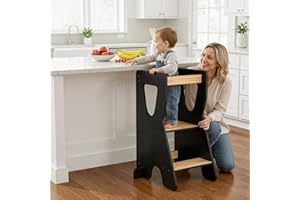 COSYLAND Toddler Standing Tower for Kitchen Counter – Stable Height Adjustable Kids Kitchen Step Stool – Sturdy Toddler Counter Helper Stool for Bathroom, Nursery (Black & Natural)